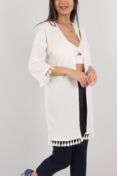 Beyaz Püskül Tasarım Krinkıl Kimono Hırka 150534