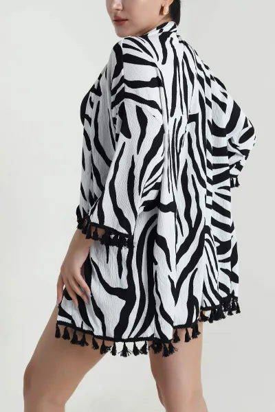 Beyaz Püsküllü Bürümcük Kadın Kimono 481733