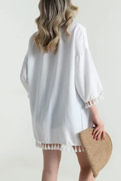 Beyaz Püsküllü Keten Kadın Kimono 481643