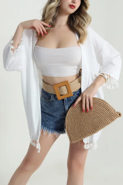 Beyaz Püsküllü Keten Kadın Kimono 481643