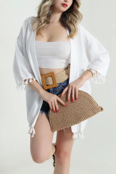 Beyaz Püsküllü Keten Kadın Kimono 481643