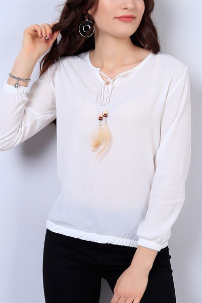 Beyaz Püsküllü Lastik Detay Bluz 13611B