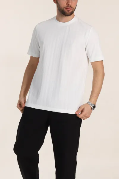 Beyaz Regular Fit Çizgi Dokulu Basic Erkek Tişört 348084