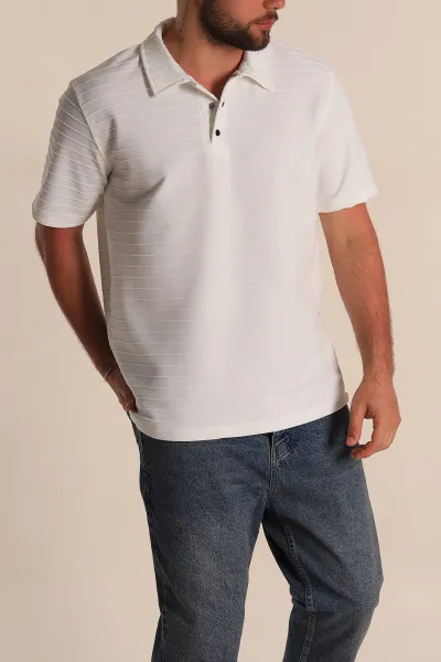 Beyaz Regular Fit Çizgi Dokulu Düğmeli Polo Yaka Erkek Tişört 276674