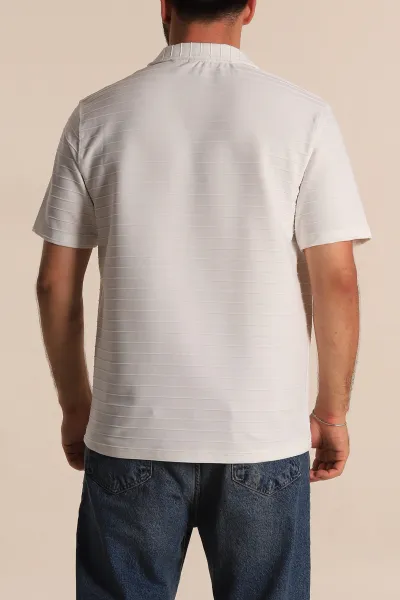 Beyaz Regular Fit Çizgi Dokulu Düğmeli Polo Yaka Erkek Tişört 276674