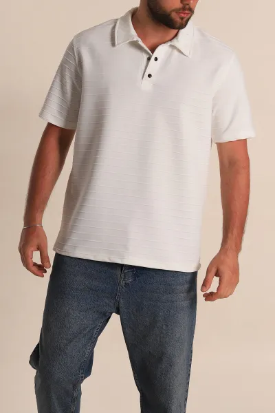 Beyaz Regular Fit Çizgi Dokulu Düğmeli Polo Yaka Erkek Tişört 276674