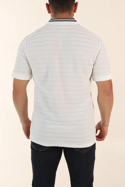 Beyaz Regular Fit Çizgi Dokulu Fermuarlı Polo Yaka Erkek Triko Tişört 370053