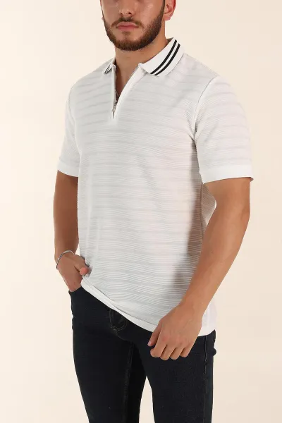 Beyaz Regular Fit Çizgi Dokulu Fermuarlı Polo Yaka Erkek Triko Tişört 370053