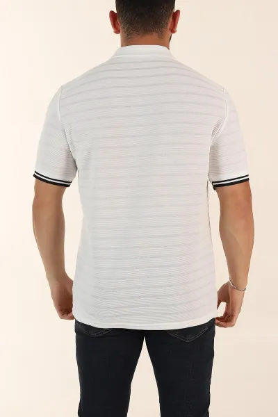 Beyaz Regular Fit Çizgi Dokulu Fermuarlı Polo Yaka Erkek Triko Tişört 370067