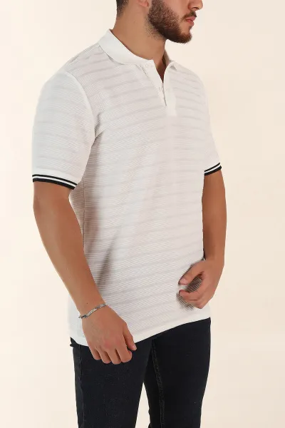 Beyaz Regular Fit Çizgi Dokulu Fermuarlı Polo Yaka Erkek Triko Tişört 370067