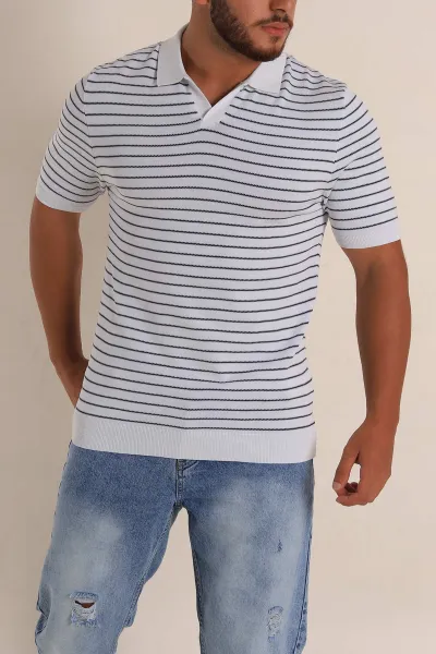 Beyaz Regular Fit Çizgili Apaş Yaka Triko Tişört 254690