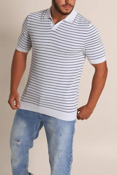Beyaz Regular Fit Çizgili Apaş Yaka Triko Tişört 254690