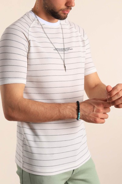 Beyaz Regular Fit Çizgili Kabartma Yazılı Erkek Tişört 187541