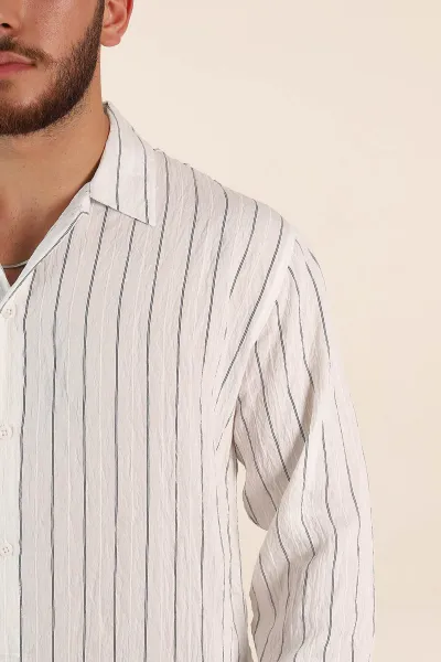 Beyaz Regular Fit Çizgili Uzun Kollu Erkek Gömlek 369568