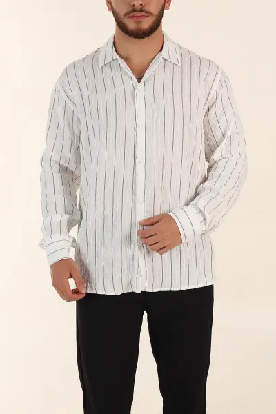 Beyaz Regular Fit Çizgili Uzun Kollu Erkek Gömlek 369568