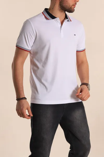 Beyaz Regular Fit Desenli Polo Yakalı Erkek Tişört 263267
