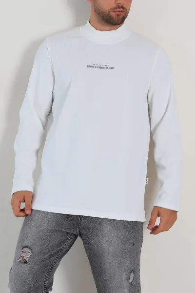 Beyaz Regular Fit Dik Yaka Kabartma Yazılı Erkek Sweatshirt 305769