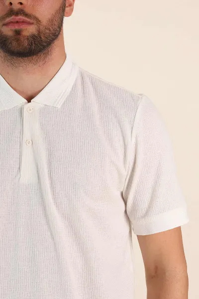 Beyaz Regular Fit Dokulu Düğmeli Polo Yaka Erkek Triko Tişört 370073