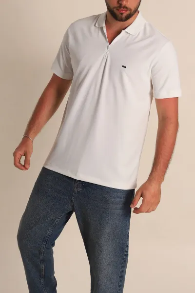 Beyaz Regular Fit Dokulu Fermuarlı Polo Yaka Erkek Tişört 277201