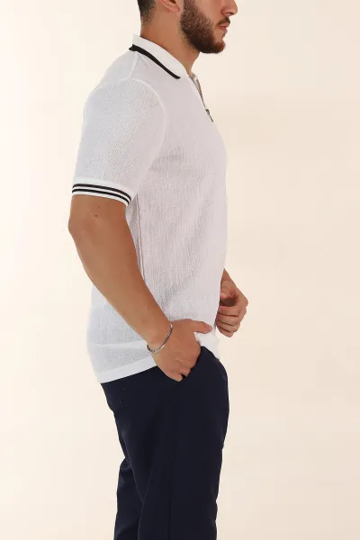 Beyaz Regular Fit Dokulu Fermuarlı Polo Yaka Erkek Triko Tişört 370059