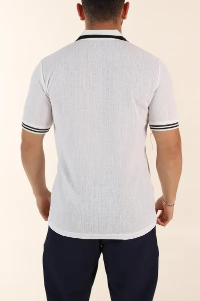 Beyaz Regular Fit Dokulu Fermuarlı Polo Yaka Erkek Triko Tişört 370059