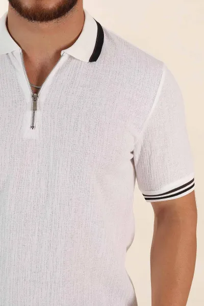 Beyaz Regular Fit Dokulu Fermuarlı Polo Yaka Erkek Triko Tişört 370059