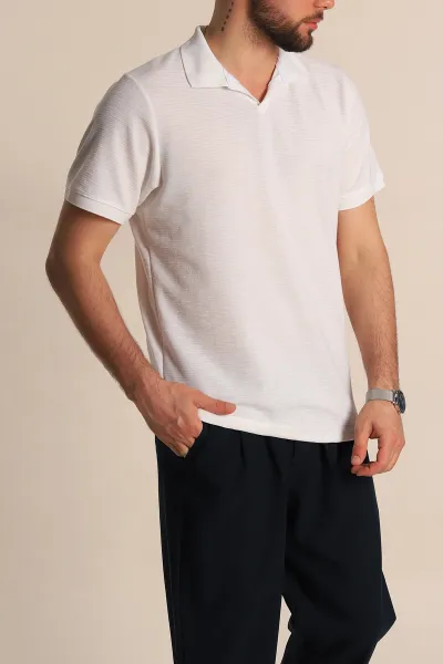 Beyaz Regular Fit Dokulu Polo Yaka Erkek Tişört 277121