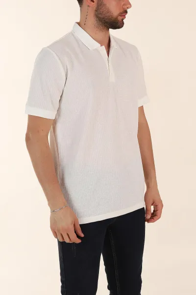 Beyaz Regular Fit Dokulu Polo Yaka Erkek Triko Tişört 369373