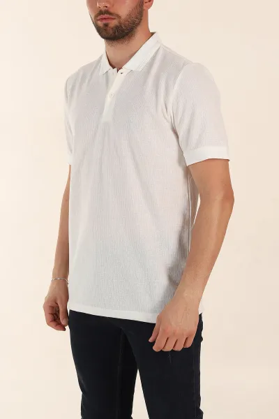Beyaz Regular Fit Dokulu Polo Yaka Erkek Triko Tişört 369373