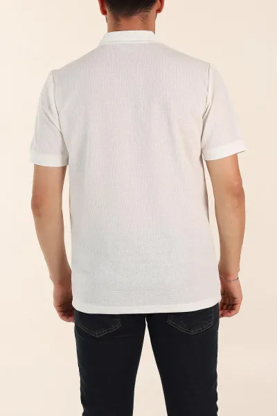Beyaz Regular Fit Dokulu Polo Yaka Erkek Triko Tişört 369373