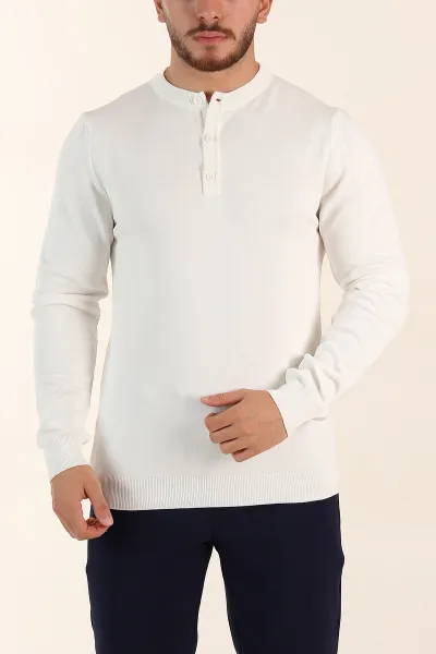 Beyaz Regular Fit Düğmeli Yaka Uzun Kollu Triko 393308