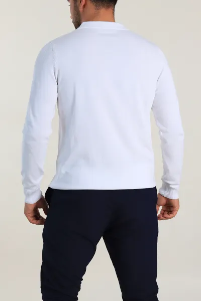 Beyaz Regular Fit Fermuarlı Polo Yaka Erkek İnce Triko 309189