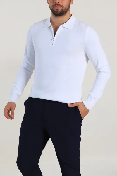 Beyaz Regular Fit Fermuarlı Polo Yaka Erkek İnce Triko 309189
