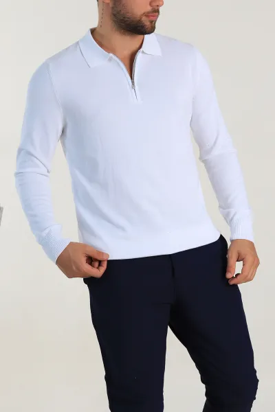 Beyaz Regular Fit Fermuarlı Polo Yaka Erkek İnce Triko 309189
