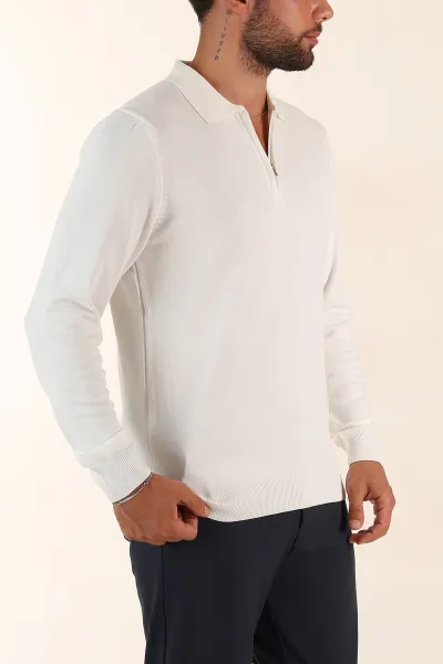 Beyaz Regular Fit Fermuarlı Polo Yaka Uzun Kollu Triko 393304