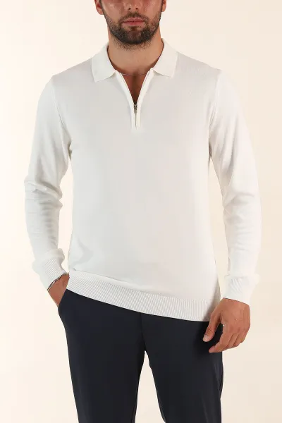 Beyaz Regular Fit Fermuarlı Polo Yaka Uzun Kollu Triko 393304
