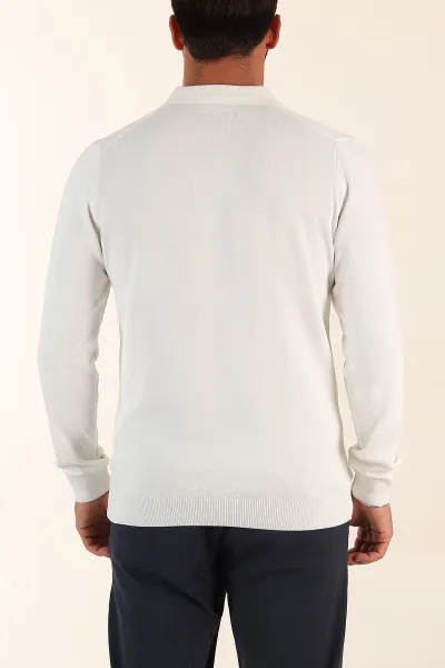 Beyaz Regular Fit Fermuarlı Polo Yaka Uzun Kollu Triko 393304