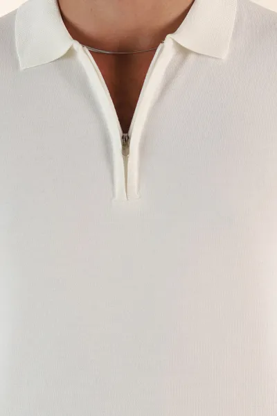 Beyaz Regular Fit Fermuarlı Polo Yaka Uzun Kollu Triko 393304