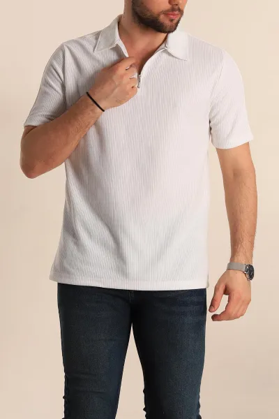 Beyaz Regular Fit Fitilli Doku Fermuarlı Yaka Erkek Tişört 268892