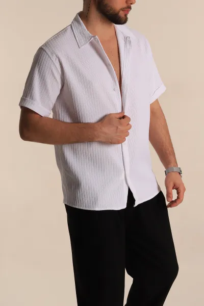 Beyaz Regular Fit Fitilli Doku Kısa Kollu Erkek Gömlek 275496
