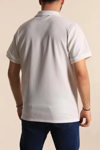 Beyaz Regular Fit Fitilli Doku Patlı Polo Yaka Erkek Tişört 270581
