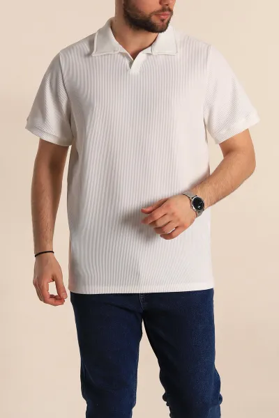Beyaz Regular Fit Fitilli Doku Patlı Polo Yaka Erkek Tişört 270581