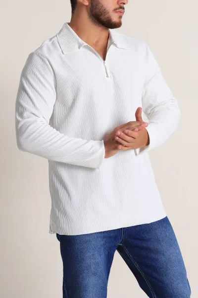 Beyaz Regular Fit Fitilli Doku Polo Yaka Sweatshirt 299829