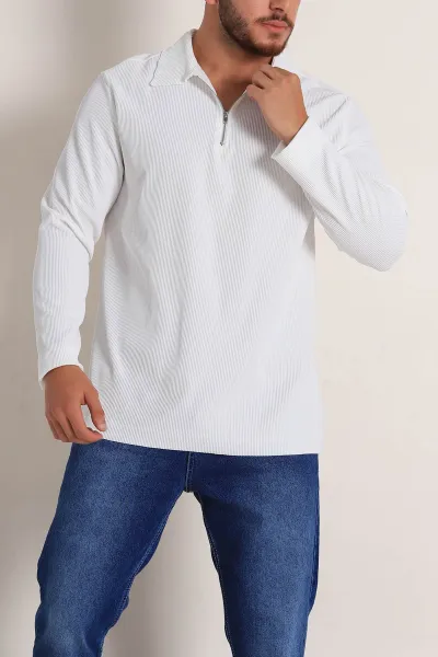 Beyaz Regular Fit Fitilli Doku Polo Yaka Sweatshirt 299829