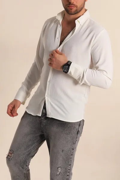 Beyaz Regular Fit Fitilli Dokulu Erkek Gömlek 267018