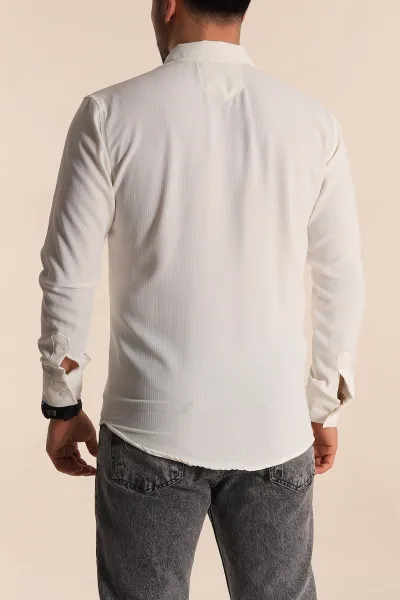 Beyaz Regular Fit Fitilli Dokulu Erkek Gömlek 267018