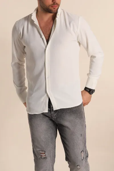 Beyaz Regular Fit Fitilli Dokulu Erkek Gömlek 267018