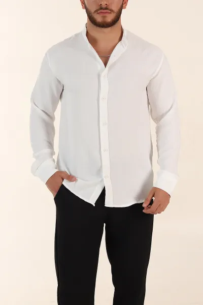 Beyaz Regular Fit Hakim Yaka Uzun Kollu Erkek Gömlek 370042