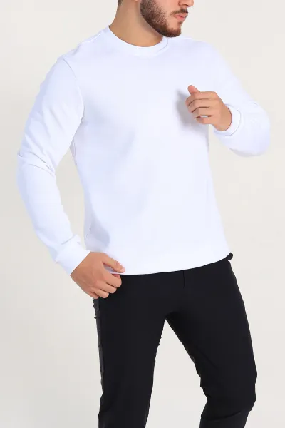 Beyaz Regular Fit İnterlok Kumaş Pike Doku Basic Erkek Sweatshirt 305434