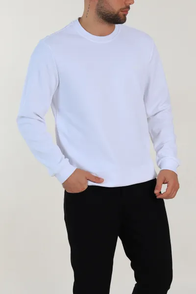 Beyaz Regular Fit İnterlok Kumaş Pike Doku Basic Erkek Sweatshirt 305434